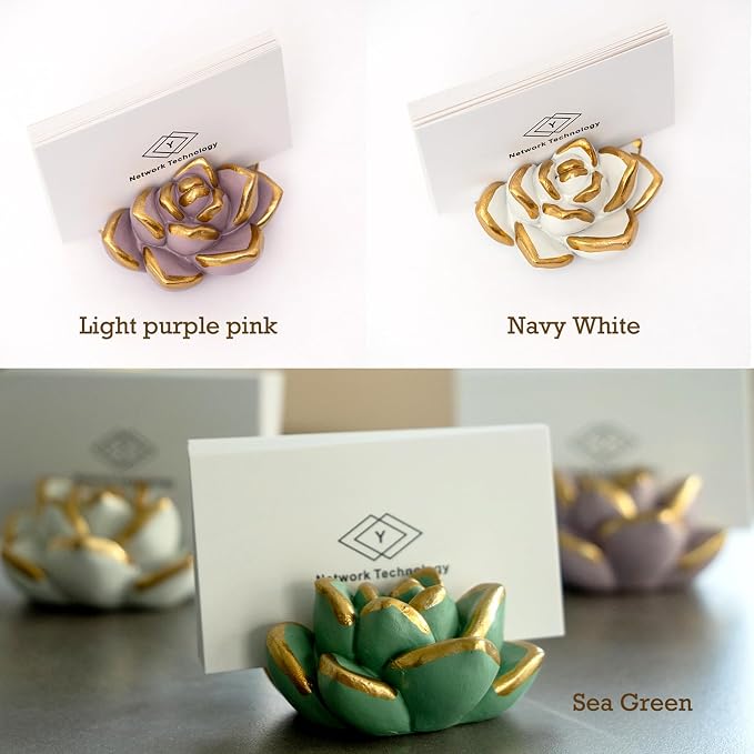 Resin Succulent Business Card Holder Set of 3 - White, Pink, Green - Modern Desk Organizer and Display Stand for Office, Store - Vertical Name Card Holders - Unique Gift and Decor
