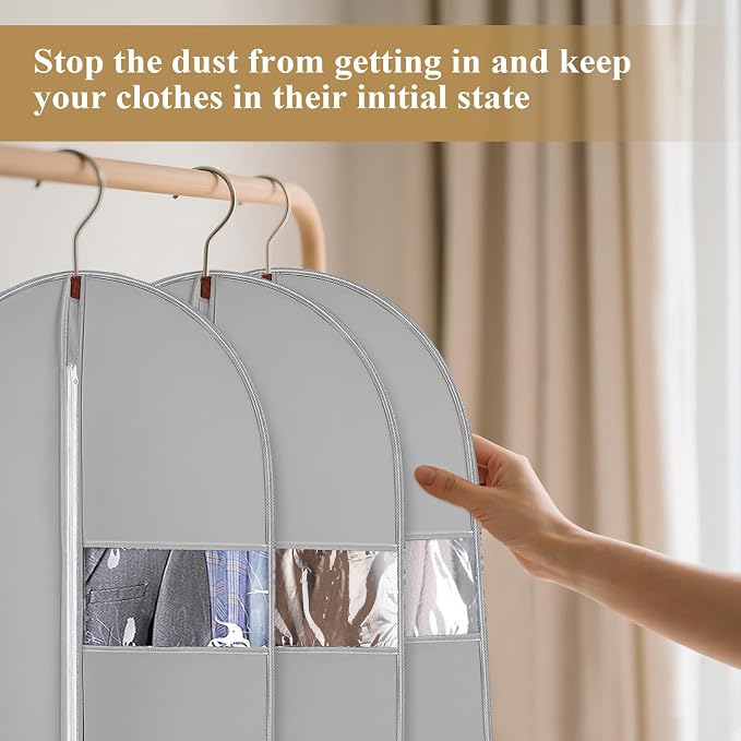 65Inch Garment Bags Covers, Gray Hanging Clothes Bag, Suit Cover Bags with Clear Window for Hanging Closet Clothes Storage and Travel (1, Gray, 65 inch)