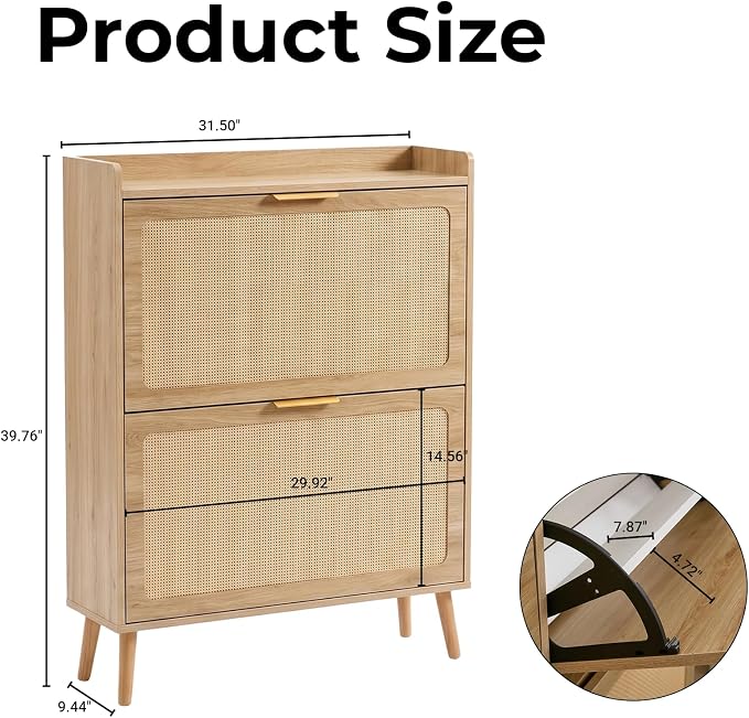 Shoe Storage Cabinet for Entryway, Slim Freestanding Rattan Shoe Cabinet with 3 Flip Drawers, Hidden Shoe Organizer Cabinet, Narrow Shoe Rack , Farmhouse Design (2 Flip Drawer - Breathe Rattan)