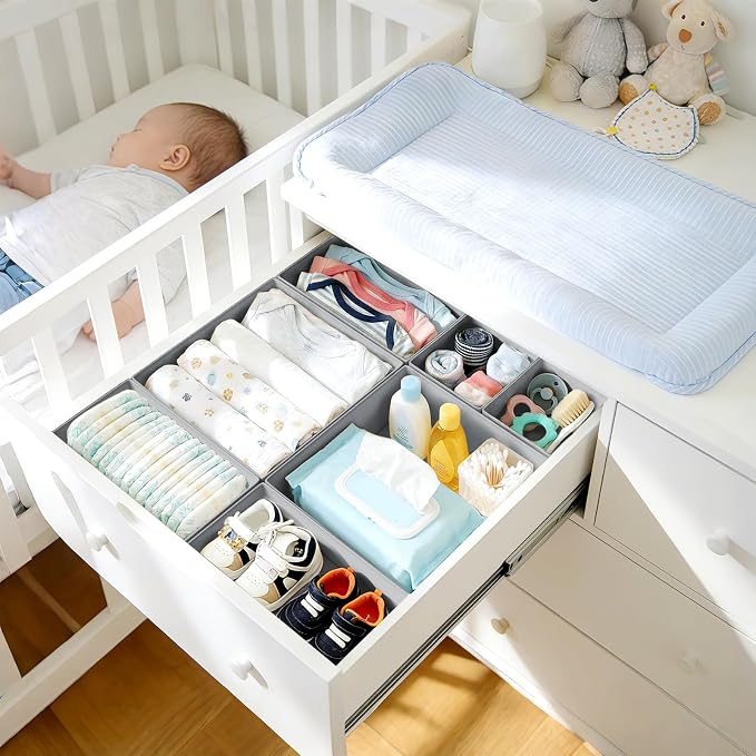 DIMJ Drawer Organizer Clothes, 28 Pack Dresser Organizer, Foldable Closet Organizers and Storage, Fabric Dresser Bins, Drawer Dividers for Nursery, Baby Clothes, Underwears, Sock,Gray