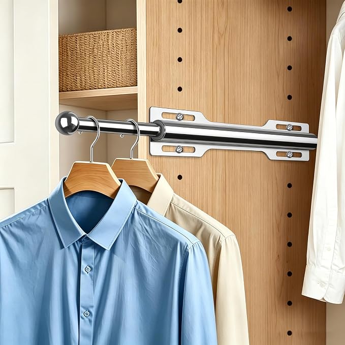 Valet Rod for Closet Pull Out, 12" Adjustable extending closet rod, Standard Retractable closet rod organization rack, Valet Clothing Hanger Rods Extender for Wardrobe Laundry Bathroom (Chrome)