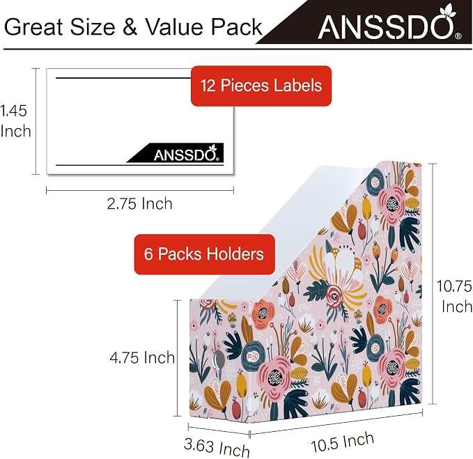 ANSSDO 6 Pack Cardboard Magazine File Holder Organizer - Pink Floral | 12 Pieces Lable Included; Large Volume Recycable Cardboard Storage Box for Letter-sized Documents or Textbooks on Desk