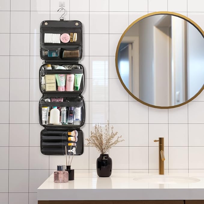Elviros Hanging Toiletry Bag Removable Travel Bag PU leather Makeup Cosmetic Organizer Kit, Black | Removable Travel Organizer Bag for Cosmetics, Toiletries, Makeup Tools, and Daily Essentials with Easy Carry Design