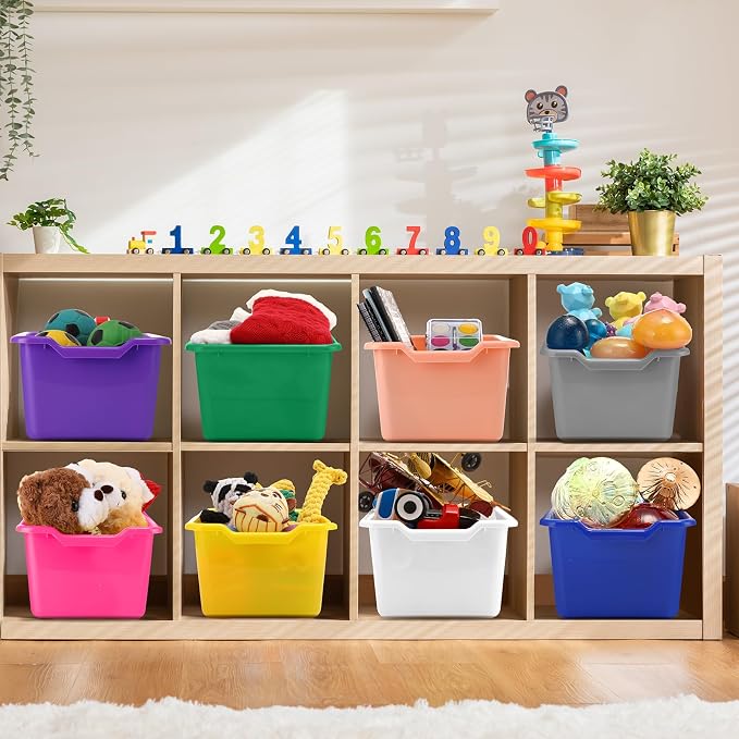 Dandat 72 Pcs Plastic Book Bins for Classroom Library Colorful Scoop Front Cubby Bins Stackable Toy Storage Containers with Handles for School Home Office Nursery Daycare (Bright Color)
