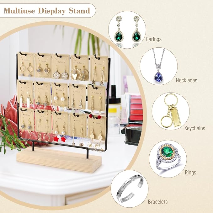 Earring Display Stands for Selling, 3 Tier 15 Hooks Wood Jewelry Organizer Rack for Earrings, Necklaces, Rings, Bracelets, Keychains - Compact for Countertop, Boutique, Trade Shows (Black)