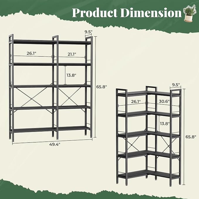 Huuger 5 Tier Bookshelf, L Shaped Corner Bookshelf with 10 Open Shelves, 49.4 Inch Straight Wide Bookcase with Metal Frame and Wooden Board, Adjustable Feet, Black