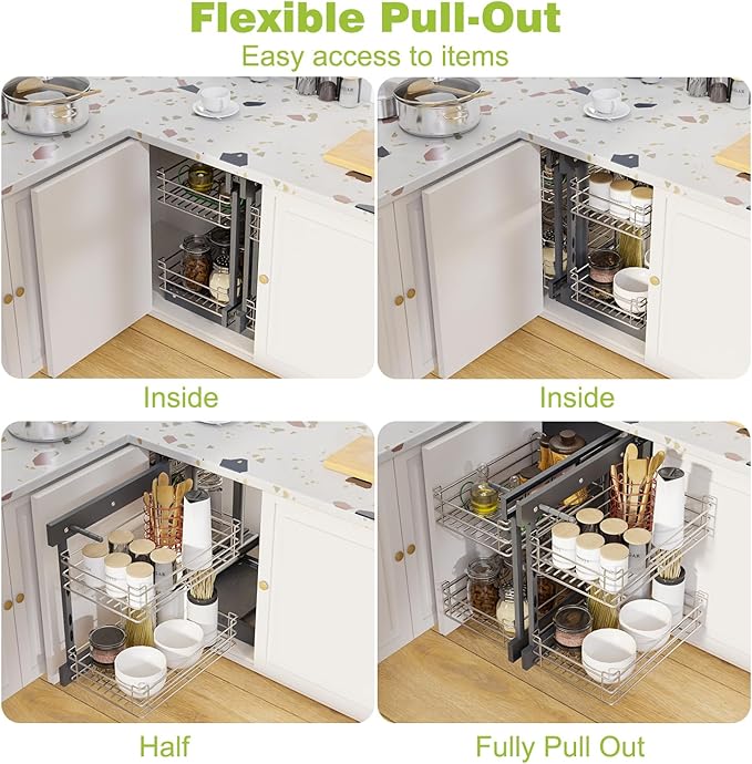 Blind Corner Pull Out Organizer for 32" Cabinet Left Open & Right Open Compatible 2 Tier 4 Shelves Adjustable Height