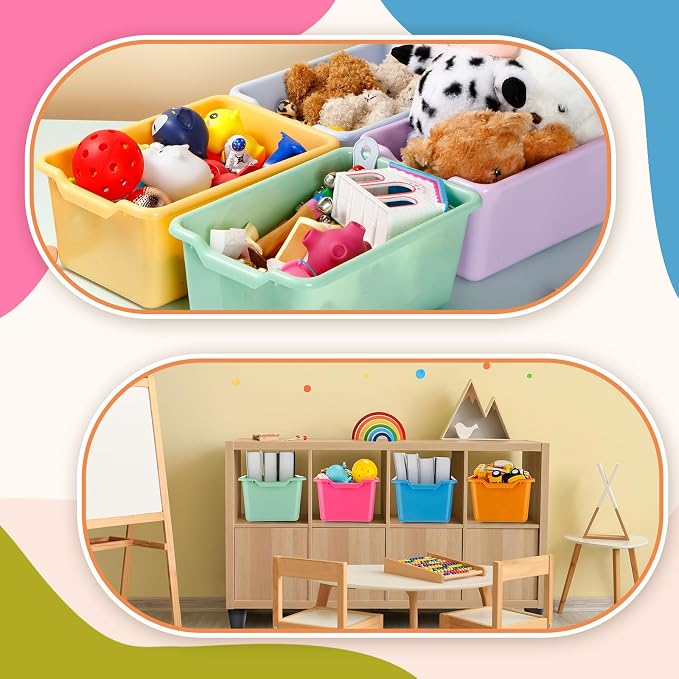 Dandat 36 Pcs Plastic Book Bins for Classroom Library Colorful Scoop Front Cubby Bins Stackable Toy Storage Containers with Handles for School Home Office Nursery Daycare (Vintage Color)
