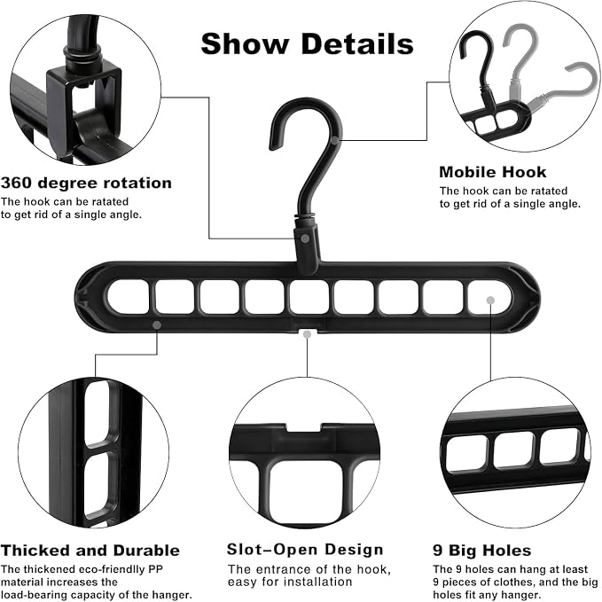 9 Space-Saving Hangers Heavy-Duty PP Plastic Tiered Hanger Organizer with Non-Slip Foldable Design, for Closet (Random, 10)