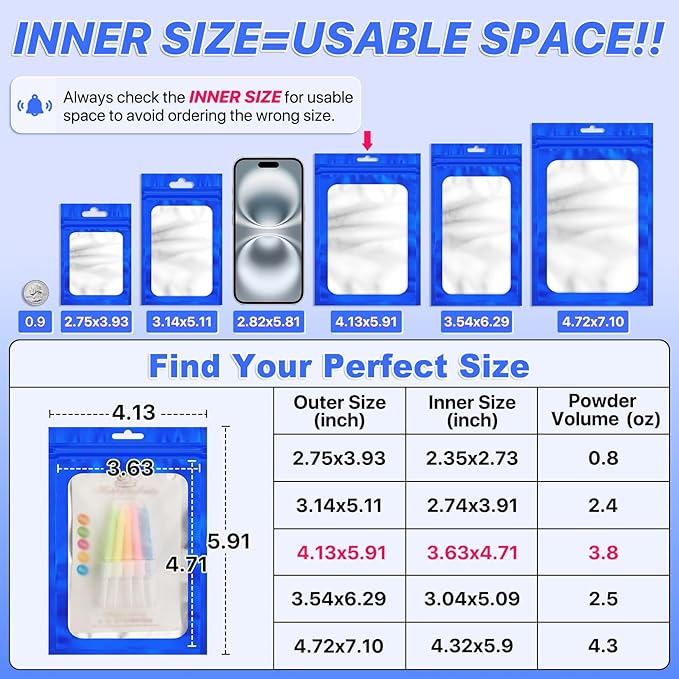 100 Pack Smell Proof Bags, Resealable Packaging Bags Mylar Bag with Frosted Clear Window, Sealed Pouches Foil Pouch Smell Proof Zipper Pouches for Food Storage (Blue, 4.13 x 5.91)