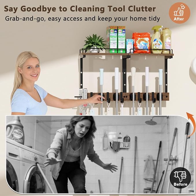 Mop Holder Wall Mount with Cleaning Supplies Organizer, Wood Mop and Broom Hanger Rack Organizer with Anti-Fall Wall Shelf with 5 Clips & Hooks for Garage Laundry Room Kitchen (Dark)
