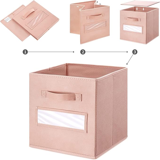 13x13x13 storage cube bins(Set of 8) Fabric storage cubes with 8 Labels Window Cards & a Pen, storage cubes 13x13, Collapsible 13 inch cube storage bins, Cubby Boxes, Pink