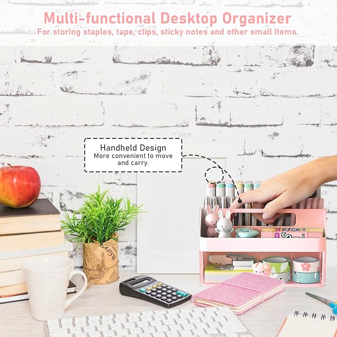 SAYEEC Desk Organizer with Drawer, Multi-Functional Pencil Pen Holder with Handle and 6 Compartments, Cute Makeup Organizer Storage Box, Desktop Accessories Caddy for Office School Home Art Supplies