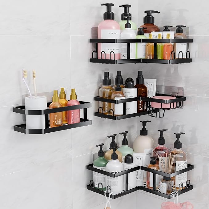 Youvip Shower Caddy Corner No Drilling-Adhesive, Shower Shelves-Rustproof | Organizer for Dorm. Black, 4-Pack - with Soap Holder
