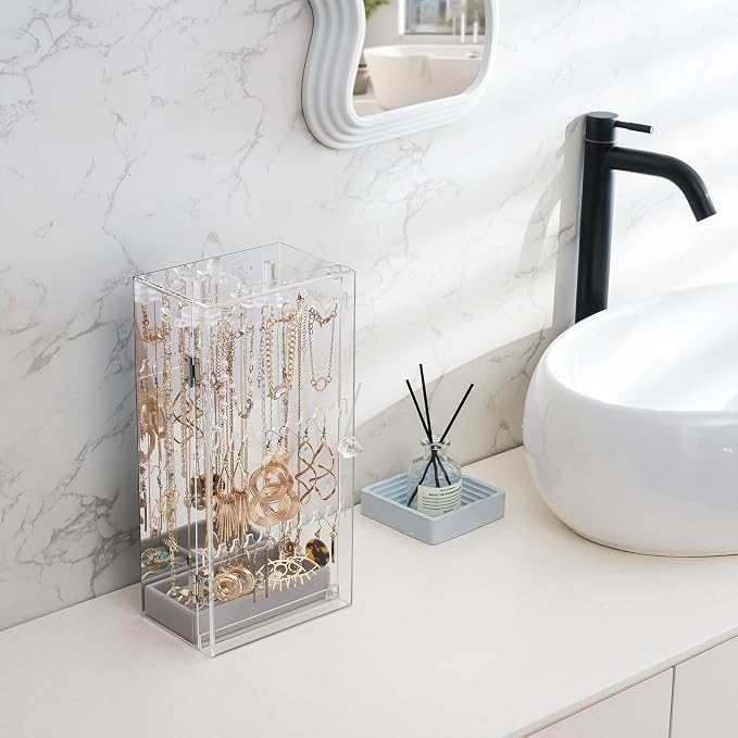 Lolalet Earring Holder Organizer, Acrylic Jewelry Organizer Rotating Clear Earrings Display Box, Dust-proof Jewelry Storage Case with Velvet Tray -Earringmirror
