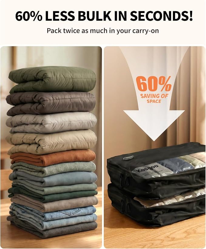 Vacuum Seal Bags for Travel 180° Open Compression Packing Cubes for Carry-on Luggage, IP67 Waterproof Space Saver Storage Bag (1 Pack No Pump, Black)