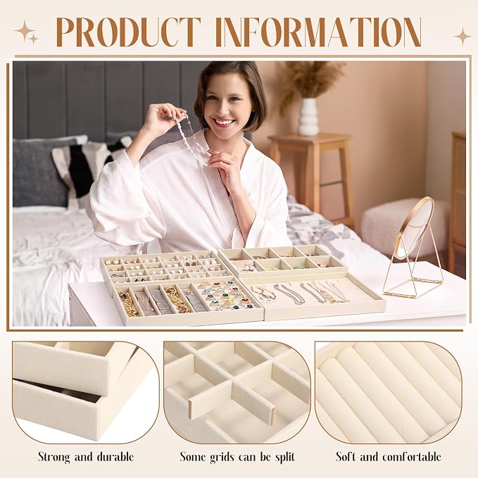 Tondiamo 8 Pcs Velvet Jewelry Drawer Organizer Trays Bulk 11.02 x 7.09 x 1.22 Inch Beige Stackable Jewelry Storage Inserts Set Tray Set with Removable Divider for Earrings Necklaces Bracelets