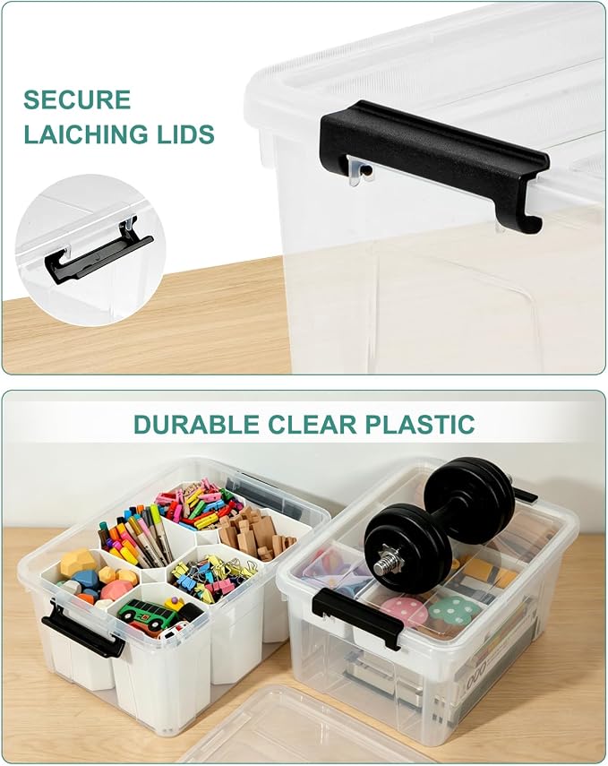 EOENVIVS Clear Storage Tote with 6 Tall Inserts, Stackable craft organizers and storage Box, Plastic Storage Bins with Lids and Handles for Crafts, Jewelry & Sewing, Art Supplies, Markers, Pens