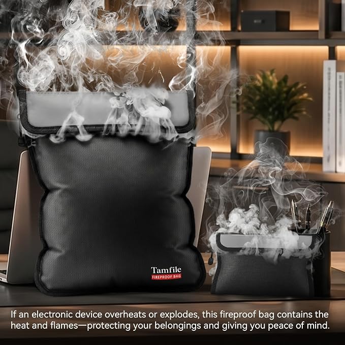 Tamfile Fireproof Document Bag with 2 Pack Fireproof Organizer Travel Bag | 5200℉, Heat-Resistant, Water-Resistant, 8 Layers Safe Money Bag, Storage for Important Documents, Cash, Valuables, Black