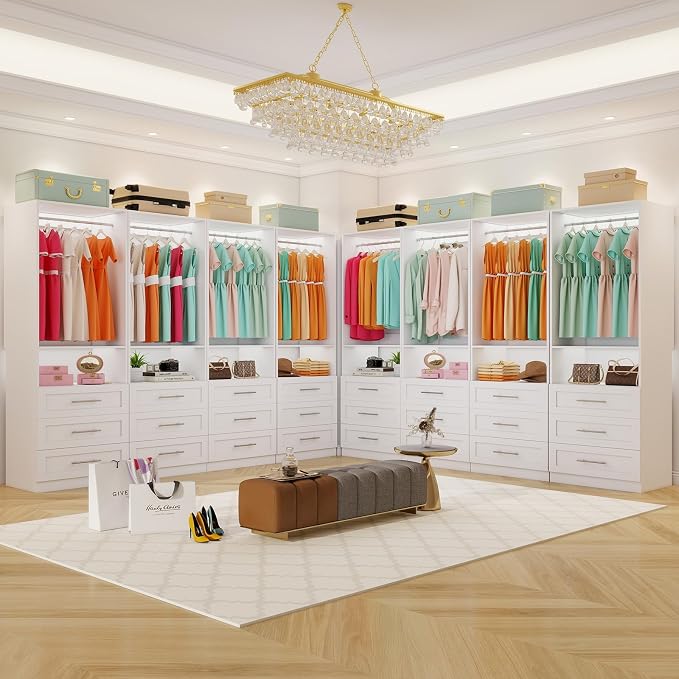 Closet System with 12 Drawers, 8-21FT Closet Systems for Walk in Closets with 8 Expandable Rods & 4 Shelves, Custom Wood Modular Closet Organizer Drawer System Shelving Kit, 4 Sets, White