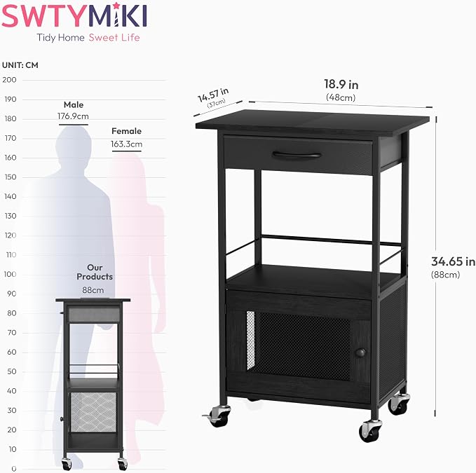 SWTYMIKI Buffets Coffee Bar Cabinet - Rolling Kitchen Rack, Farmhouse Small Coffee Stand with Storage Drawer and Door Cabinet - Kitchen Microwave Stand for Apartment, Living Room, Entryway, Black