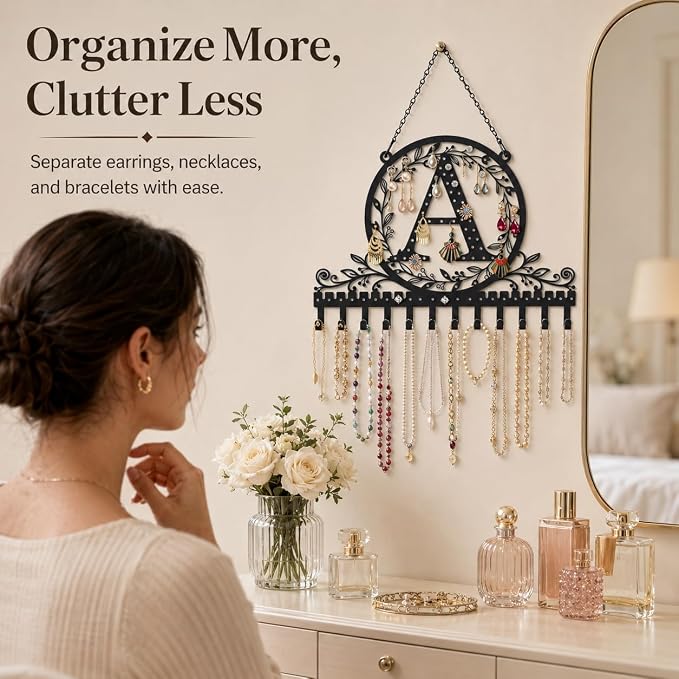 Personalized Wall Mounted Metal Initial Letter A Earring Holder Jewelry Organizer for Earrings and Necklaces Space Saving Wall Display with Hooks Jewelry Storage Bedroom Vanity Gift for Women