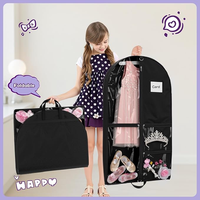 2Pack Dance Garment Bags for Dancers, 40" Garment Bags for Hanging Clothes with 3 Clear Zipper Pockets, Cheer Uniform Garment Bag for Suits, Travel & Sports Jersey, Cheer Uniform(Black, 2Pack 40")