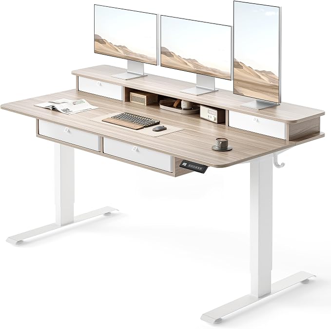 FEZIBO 55 x 30 inch Standing Desk with Drawers, Height Adjustable Electric Workstation, Computer Sit Stand Up Table with Large Storage Shelf 4 Drawers and 2 Hooks, Light Rustic Brown
