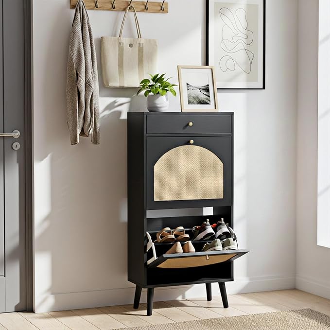 Karl home Black Rattan Shoe Cabinet, 1-Drawer 2-Tilt-Out Entryway Organizer | Hidden Shoe Rack Storage with Rattan Panel for Heels, Slippers and Casual Shoes, Space Saving Entryway Storage Furniture