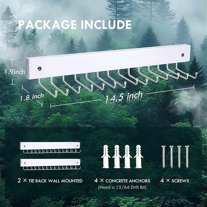 2-Pack Tie Rack Wall Mounted, Wooden Tie Hanger Tie Organizer for Men with 28 Folding Hooks, Space Saving Tie Holder and Belt Rack for Closet, White