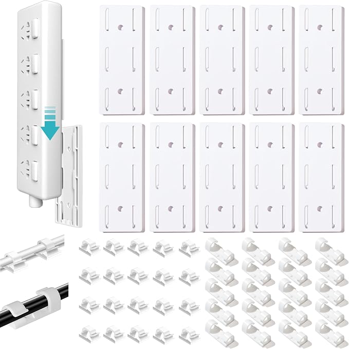 Adhesive Punch-Free Socket Holder, 10 Power Stirp Holder & 40 Cable Clips | Stick-on wall mount, no drilling required; tidy cords instantly with clips—space-saving punch-free organizer for home&office