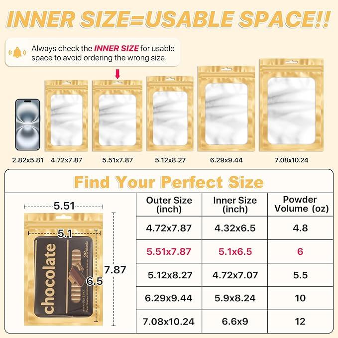 ANZNKU 100 PCS Resealable Mylar Bags with Frosted Clear Window Packaging Bags Foil Pouch Zipper Bag for Food Self Sealing Storage Supplies (5.51x7.87, Light Gold)