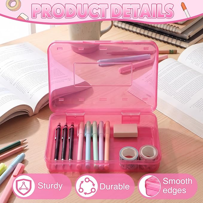 Blulu 6 Pack Large Plastic Pencil Case Box Clear Pencil Boxes Bulk Hard Crayon Box Storage with Snap Lids 8.1 x 4.7 x 2.2 Inch Painting Organizer Classroom Stationery School Supplies (Pink)