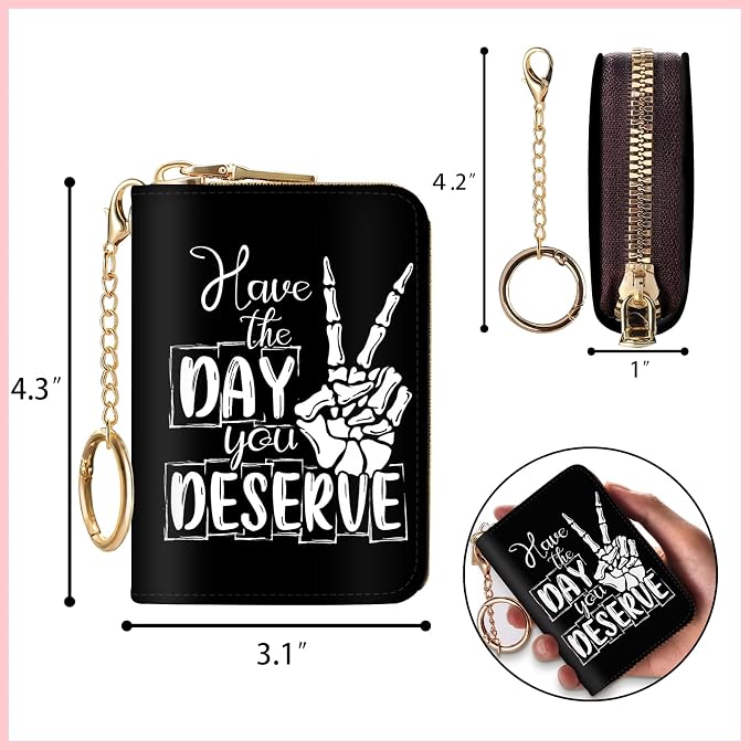 Blusabaca RFID Credit Card Holder Small Women Travel Wallet, Skull Sign | Removable Keychain, Case with Zipper, Vegan PU Leather, Cash Coin Pocket, Business Accordion Purse, Ladies Female Gift