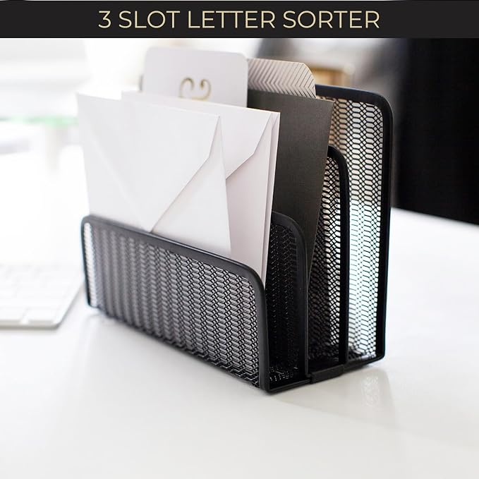 BLU MONACO Black Metal Mesh Letter Sorter | 3-Slot Mail Organizer for Desk, Office & Home | Vertical File & Envelope Holder with Non-Slip Base | Space-Saving Desktop Mail Organizer