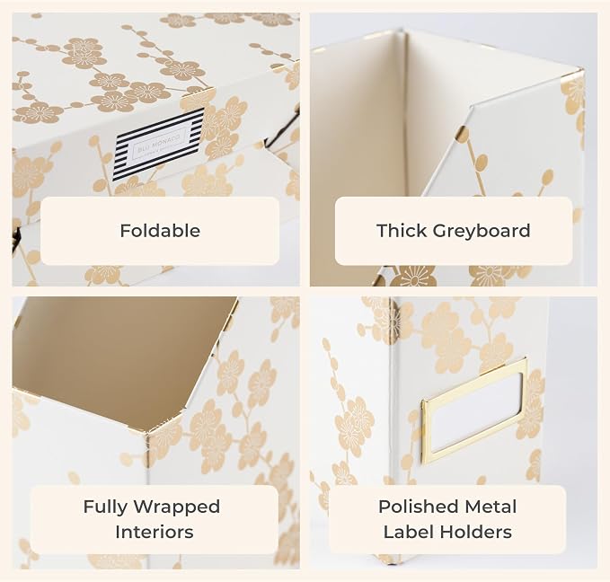 BLU MONACO | Set of 4 Foldable Magazine Storage Boxes with Gold Floral Pattern | Decorative Vertical File Organizers with Gold Label Holders for Desk, Shelves & Home Office
