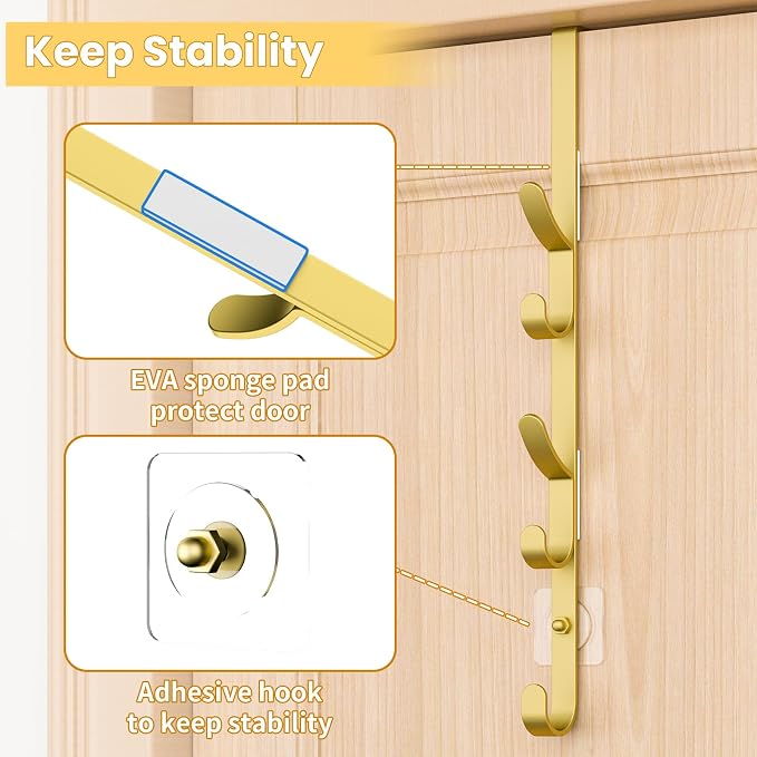 Kaiferty Over The Door Hooks, Metal Door Hooks for Hanging, Over The Door Purse Organizer for Door Coat Hanger, Back of Shower for Hanging Towel Rack Clothes, Hat, Bathroom, Closet (Gold-4Packs)