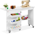 VIVOHOME Folding Sewing Table for Sewing Machine, Sewing Desk with Storage | Rolling Sewing Craft Table with Storage Shelves, Trays, Wheels, Sewing Cabinet with Lift for Small Spaces, White