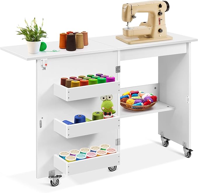 VIVOHOME Folding Sewing Table for Sewing Machine, Sewing Desk with Storage | Rolling Sewing Craft Table with Storage Shelves, Trays, Wheels, Sewing Cabinet with Lift for Small Spaces, White