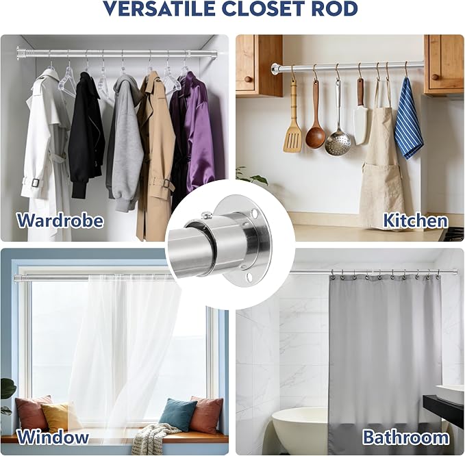 Heavy Duty Closet Rod, Adjustable 17-100 in, 1.3" Diameter | Silver, Metal, Suitable for Wardrobes, Bathrooms, Laundry Room, RV