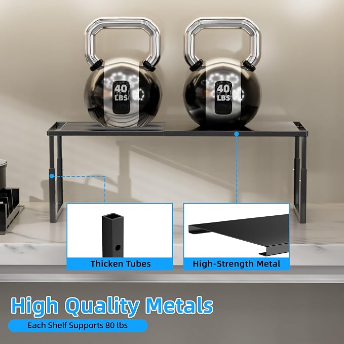 Cabinet Shelf, 2 Pack Expandable Shelf for Kitchen Storage | Stackable & Height Adjustable Cabinet Organizer Shelf | Metal Shelf Organizer | Black Spice Rack for Pantry Storage