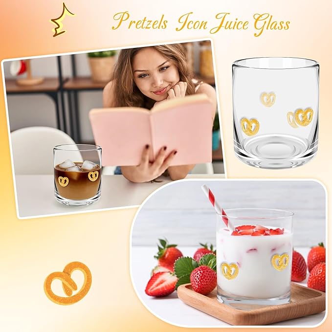14 Ounce Icon Juice Glasses, Aesthetic Cocktail & Old Fashioned Drinking Glasses, Iconic Clear Glass Cups for Women, Sister, Friend & Party Gifts (Pretzels)