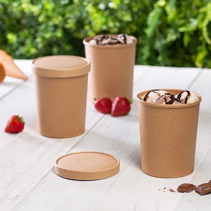 GUSTO 32 oz Kraft Paper Food Containers with Vented Lids [25 Count] To Go Hot Soup Bowls, Disposable Ice Cream Cups, Ideal for Hot and Cold Foods - (Formerly Comfy Package)