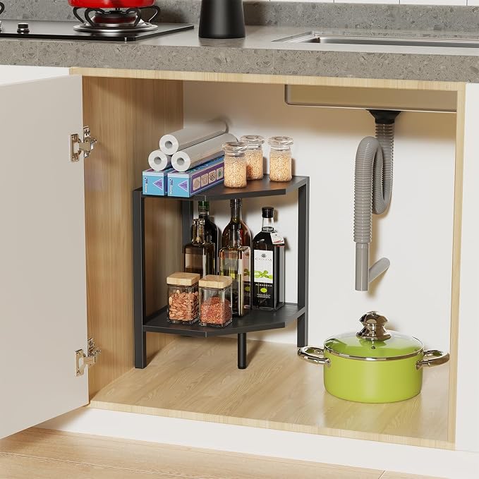 Creso hom Corner Shelf Stand, 2 Tier Industrial Corner Bookshelf, Multipurpose Standing Corner Display Shelf Countertop Organizer for Living Room Kitchen Bedroom Office, Black