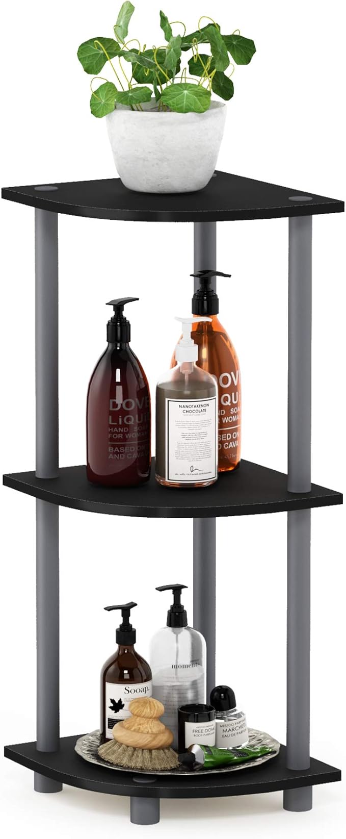 Furinno Turn-N-Tube Toolless Assembly 3-Tier Corner Shelf, Black Corner Book Shelf, Open Shelves Bookshelf, for Organization and Storage, Living Room, Home Office, Bedroom, Classic Black
