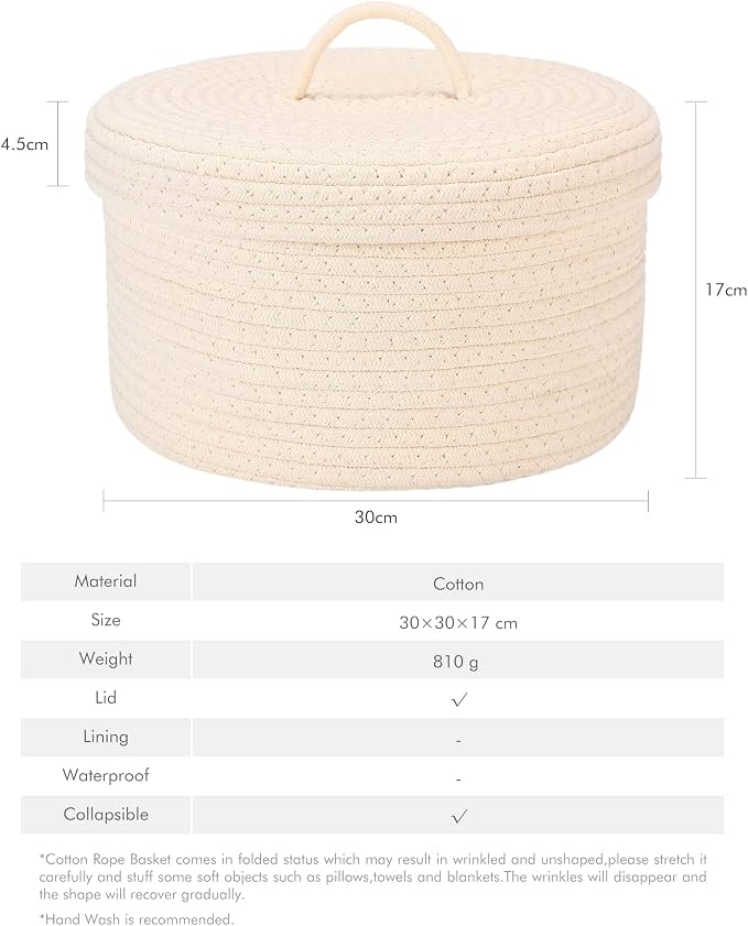 Sea Team Round Cotton Rope Storage Basket with Lid, Lidded Woven Storage Bin, Nursery Storage Container, Diaper Caddy, Baby Shower Basket, Box, Organizer, 11.8 x 11.8 x 6.7 Inches (Medium, Cream)