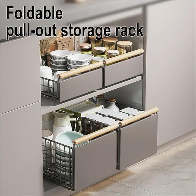 Retractable Kitchen Cabinet Pull-Out Basket - Foldable Adjustable Slide Drawer For Dish & Sink Storage Organization(Large x2)