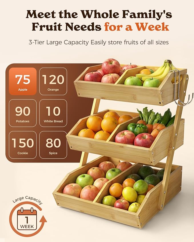Sevenblue 3-Tier Bamboo Fruit Basket with 2 Banana Holders | Large tiered organizer for bread, snacks, veggies. Sturdy bamboo, includes mats & dividers. Easy to assemble.