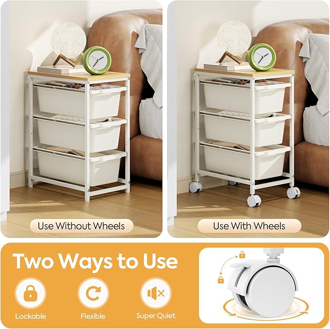 Slim Rolling Storage Cart with 3 Drawers, Craft Organizer, Wooden Tabletop Utility Cart for Bedroom, Children's Room and Office Organization, Under Desk Trolley with Lockable Wheels,White