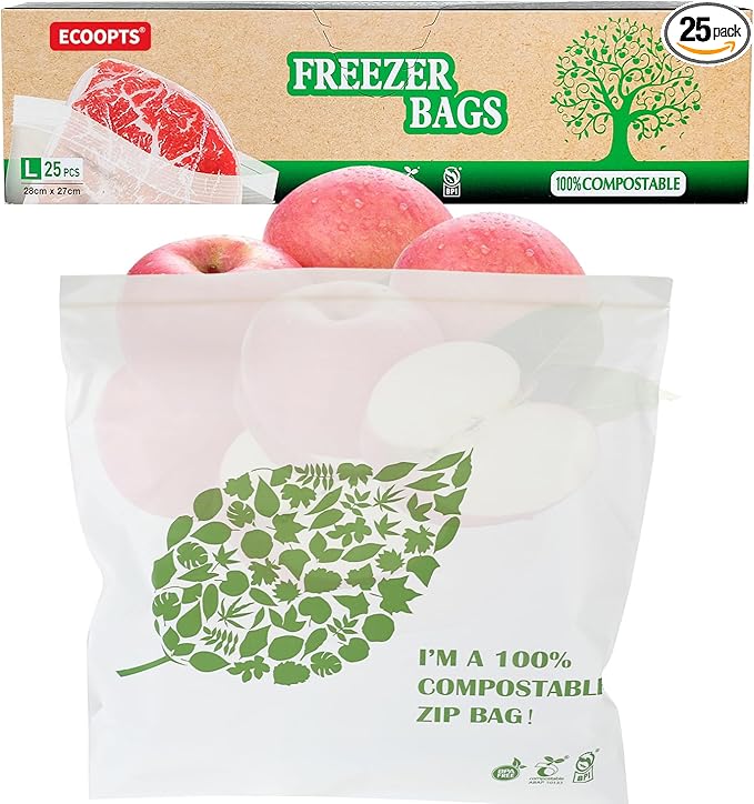 Compostable Gallon Size Food Storage Bags Freezer and Leak Proof, (25 Eco Zip) Seal well for Fruit,Food and Vegetable Plant-Based BPA-free (25)